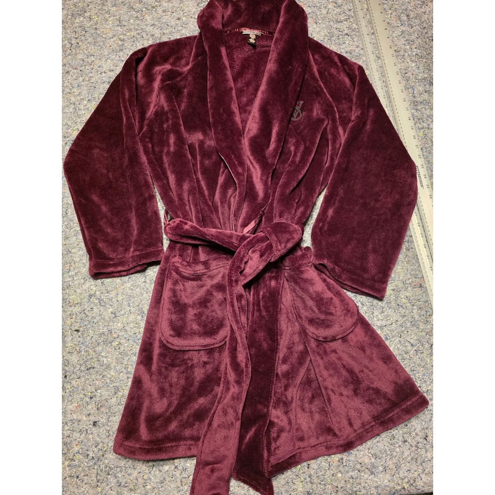 987 Victoria's Secret Burgundy Plush Fleece Short Robe L Wine Red VS Logo